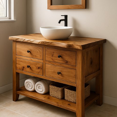 Rustic Handcrafted Solid Wood Bathroom Vanity – Live Edge with Four Drawers & Open Shelf
