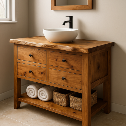 Rustic Handcrafted Solid Wood Bathroom Vanity – Live Edge with Four Drawers & Open Shelf