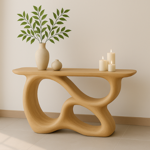 Handcrafted Solid Wood Sculptural Console Table – Light Oak Modern Design