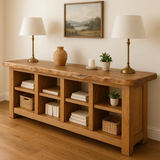 Handcrafted Solid Wood Live Edge Console Table – Rustic Oak with Open Cubby Shelves
