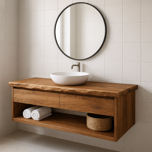 Handcrafted Floating Solid Wood Bathroom Vanity – Live Edge Countertop with Drawer and Open Shelf – Modern Organic Wall-Mount Design