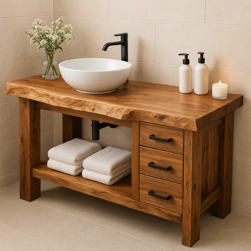 Rustic Solid Wood Bathroom Vanity – Handcrafted Live Edge Countertop with 3 Drawers & Open Shelf – Farmhouse Natural Wood Sink Stand