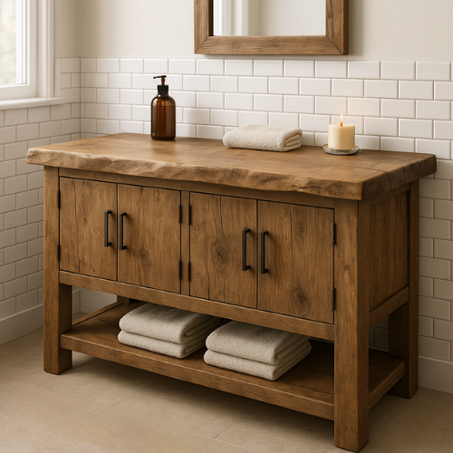 Handcrafted Solid Wood Bathroom Vanity – Live Edge Top with Four Doors & Open Shelf