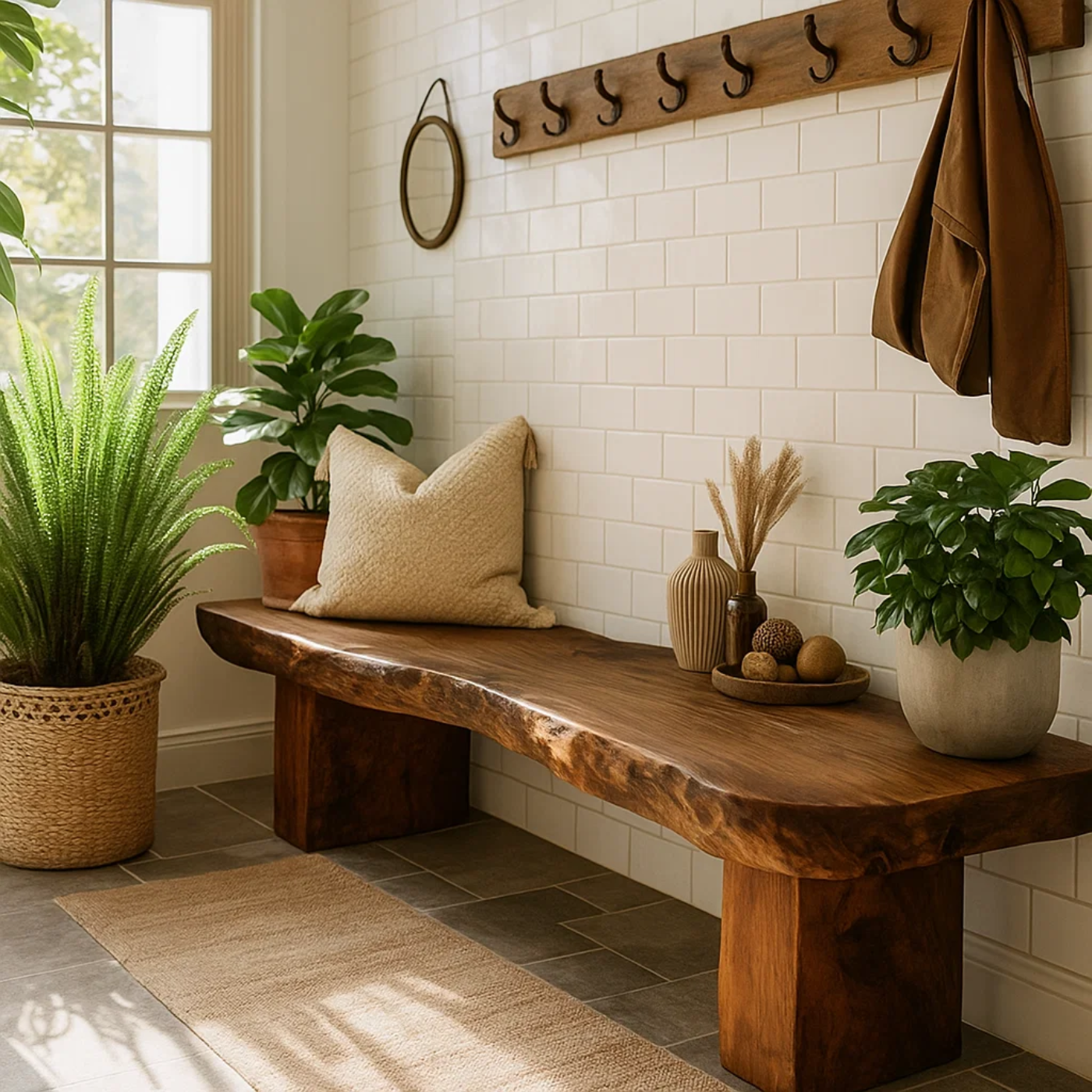 Handcrafted Solid Wood Bench – Rustic Live-Edge Slab Entryway Seating