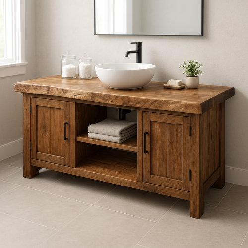 Handcrafted Solid Wood Bathroom Vanity – Live Edge Top with Dual Cabinets & Center Open Shelf