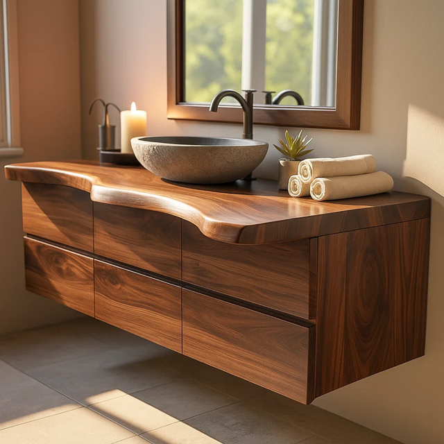 Handcrafted Solid Wood Vanity - Wide Floating Live Edge Cabinet with Drawers