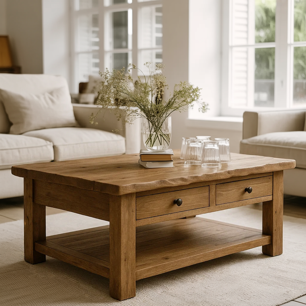 Handcrafted Solid Wood Coffee Table – Natural Slab Top with Two-Drawer Design