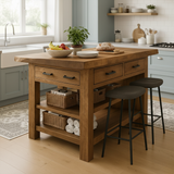 Handcrafted Solid Wood Kitchen Island - Rustic Top, Drawers & Open Shelving