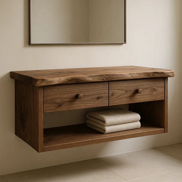 Handcrafted Solid Wood Floating Vanity - Live Edge Walnut Console with 2 Drawers & Open Shelf