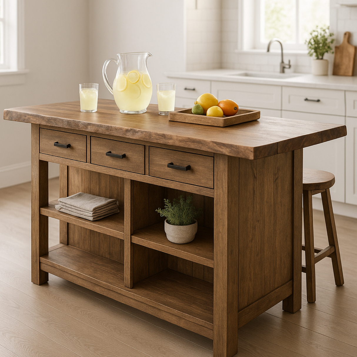 Handcrafted Solid Wood Kitchen Island - Rustic Top, 3 Drawers & Open Shelving