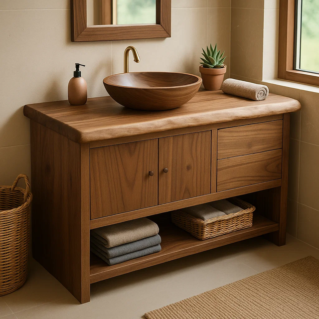 Handcrafted Solid Wood Bathroom Vanity with Live Edge Walnut Top and Storage Cabinet