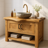 Handcrafted Solid Wood Bathroom Vanity - Rustic Live Edge Cabinet & Open Shelf