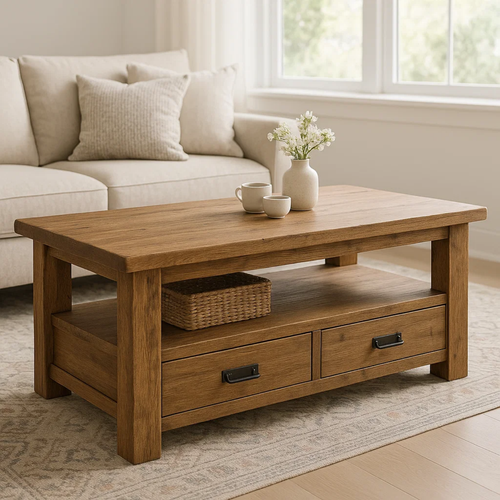 Handcrafted Solid Wood Coffee Table – Rustic Farmhouse Storage with Two Drawers and Shelf