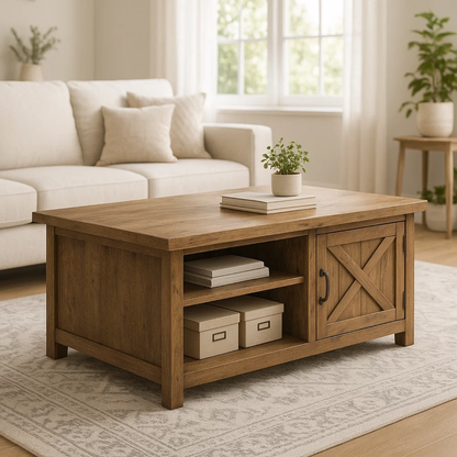 Handcrafted Solid Wood Coffee Table – Farmhouse Style with Storage Drawer and Shelves