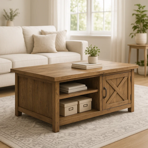 Handcrafted Solid Wood Coffee Table – Farmhouse Style with Storage Drawer and Shelves