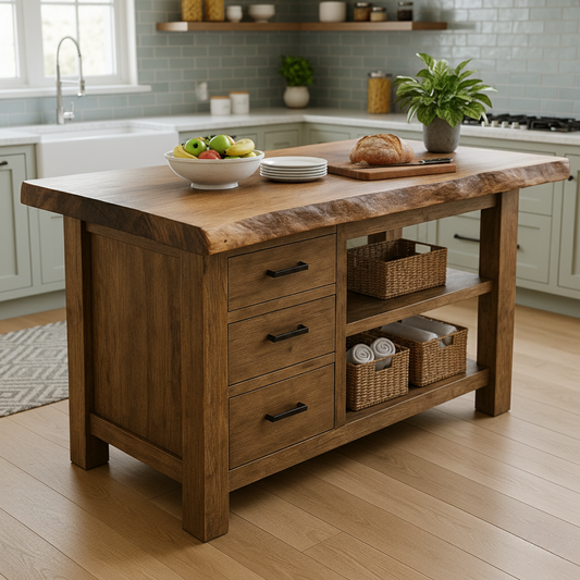 Handcrafted Solid Wood Kitchen Island - Live Edge, Drawers & Open Shelves