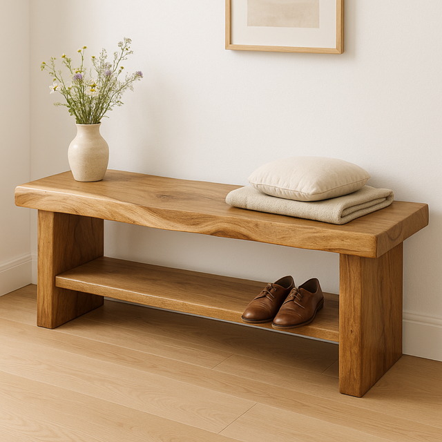 Handcrafted Solid Wood Bench – Live Edge Entryway Seating with Storage Shelf