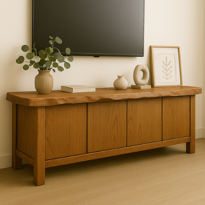 Handcrafted Solid Wood TV Stand with Live Edge Top – Minimalist Japandi Console Table for Living Room