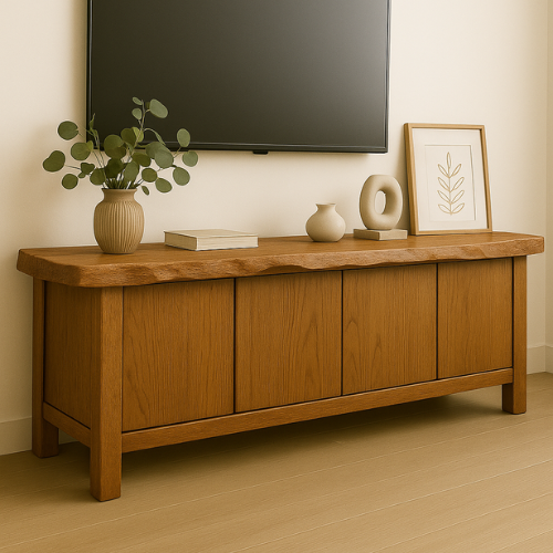 Handcrafted Solid Wood TV Stand with Live Edge Top – Minimalist Japandi Console Table for Living Room