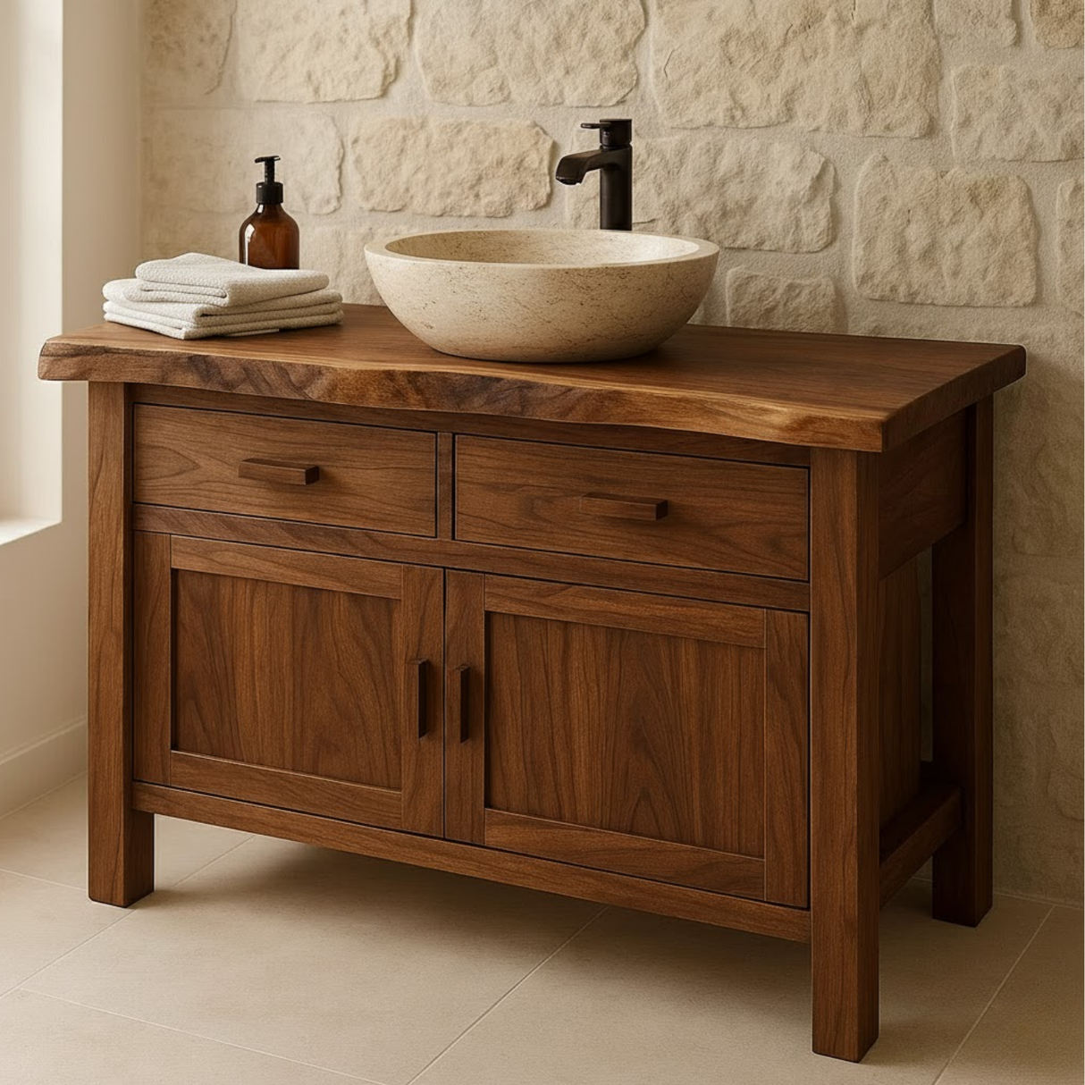 Handcrafted Solid Wood Bathroom Vanity - Live Edge Top Cabinet with Drawers & Doors