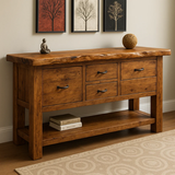 Handcrafted Solid Wood Live Edge Console Table – Rustic Oak Design with Multiple Drawers and Bottom Shelf