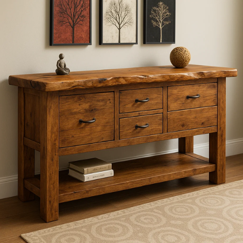 Handcrafted Solid Wood Live Edge Console Table – Rustic Oak Design with Multiple Drawers and Bottom Shelf