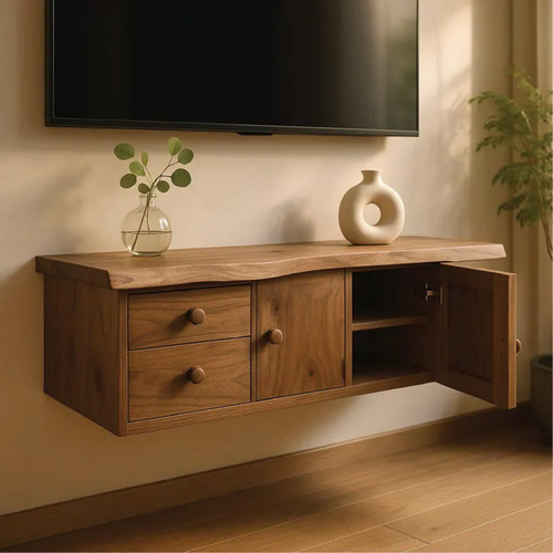 Handcrafted Solid Wood Floating TV Stand, Live Edge Media Console with Cabinet & Drawers