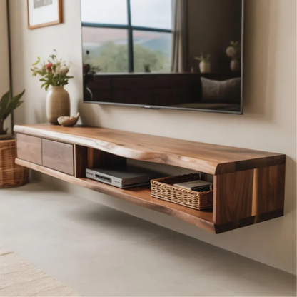 Handcrafted Solid Wood Floating TV Stand, Live Edge Media Console, Wall-Mounted