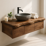 Handcrafted Solid Wood Floating Vanity - Live Edge Wall-Mounted Cabinet