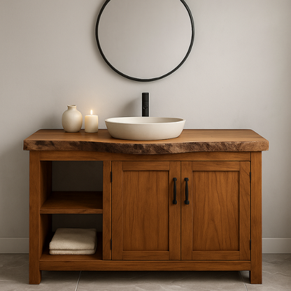 Handcrafted Solid Wood Bathroom Vanity – Handcrafted with Double Doors and Open Shelf