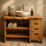 Handcrafted Solid Wood Bathroom Vanity with Live Edge Oak Top and 4 Drawers