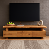 Handcrafted Solid Wood TV Stand – Modern Minimalist Media Console with Three Drawers and Natural Live Edge Design