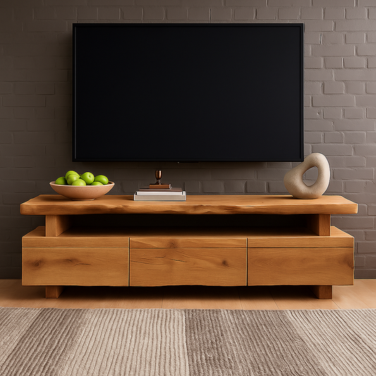 Handcrafted Solid Wood TV Stand – Modern Minimalist Media Console with Three Drawers and Natural Live Edge Design