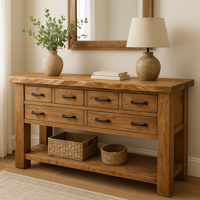 Handcrafted Solid Wood Console Table – Rustic Farmhouse Design with 6 Drawers & Open Shelf
