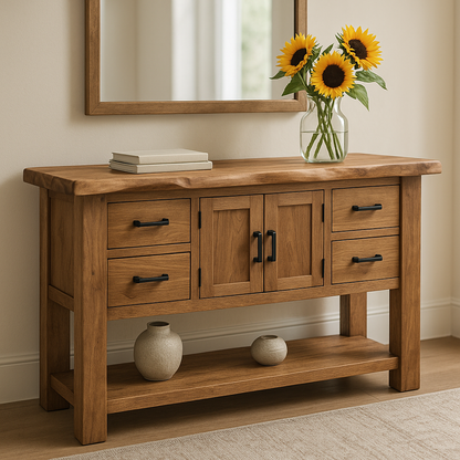 Handcrafted Solid Wood Console Table – Rustic Entryway Furniture with Drawers and Open Shelf