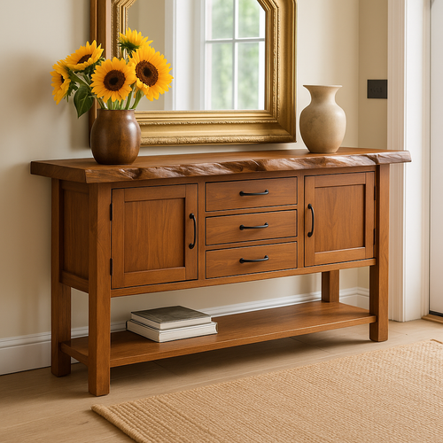 Handcrafted Solid Wood Console Table – Live Edge Rustic Design with Drawers and Side Cabinets for Entryway or Living Room