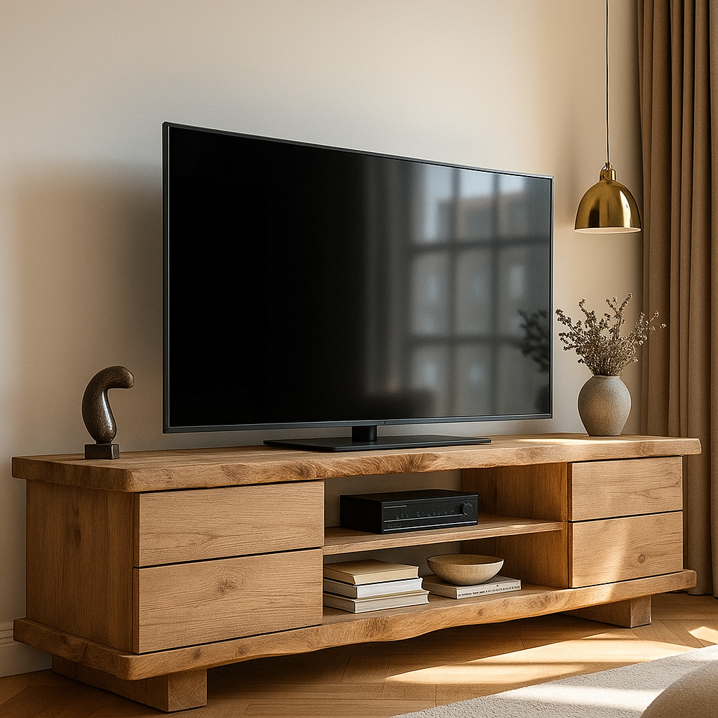 Handcrafted Solid Wood TV Stand with Live Edge Design – Modern Rustic Media Console with Drawers & Open Shelf