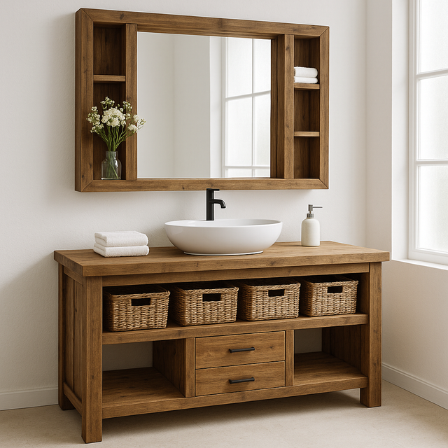 Handcrafted Solid Wood Bathroom Vanity – Rustic Farmhouse Base with Drawers and Open Storage Shelf
