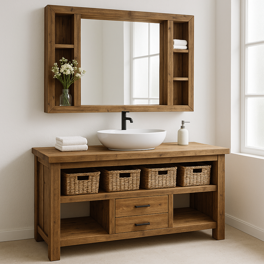 Handcrafted Solid Wood Bathroom Vanity – Rustic Farmhouse Base with Drawers and Open Storage Shelf