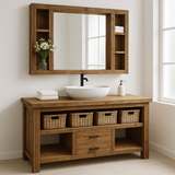 Handcrafted Solid Wood Bathroom Vanity – Rustic Farmhouse Base with Drawers and Open Storage Shelf