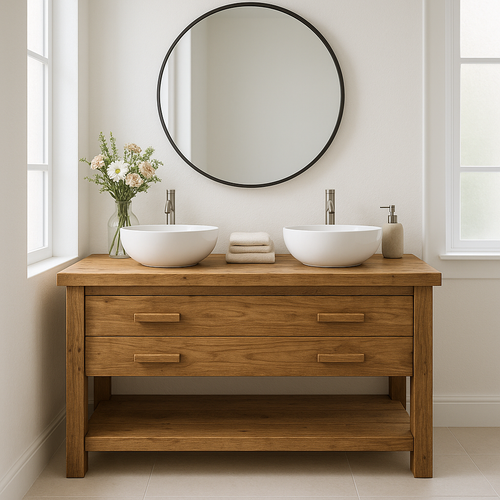 Handcrafted Solid Wood Double Bathroom Vanity – Scandinavian Rustic Base with 2 Drawers and Open Shelf