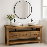 Handcrafted Solid Wood Double Sink Vanity – Modern Rustic Base with 3 Drawers and Open Shelf