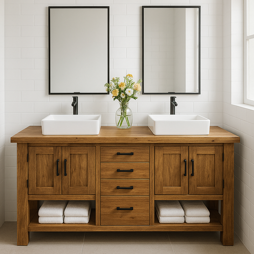 Handcrafted Solid Wood Double Bathroom Vanity – Rustic Base with Central Drawers and Side Cabinets