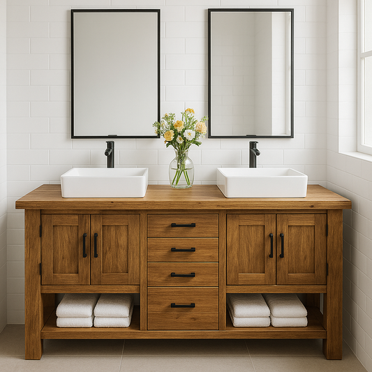 Handcrafted Solid Wood Double Bathroom Vanity – Rustic Base with Central Drawers and Side Cabinets