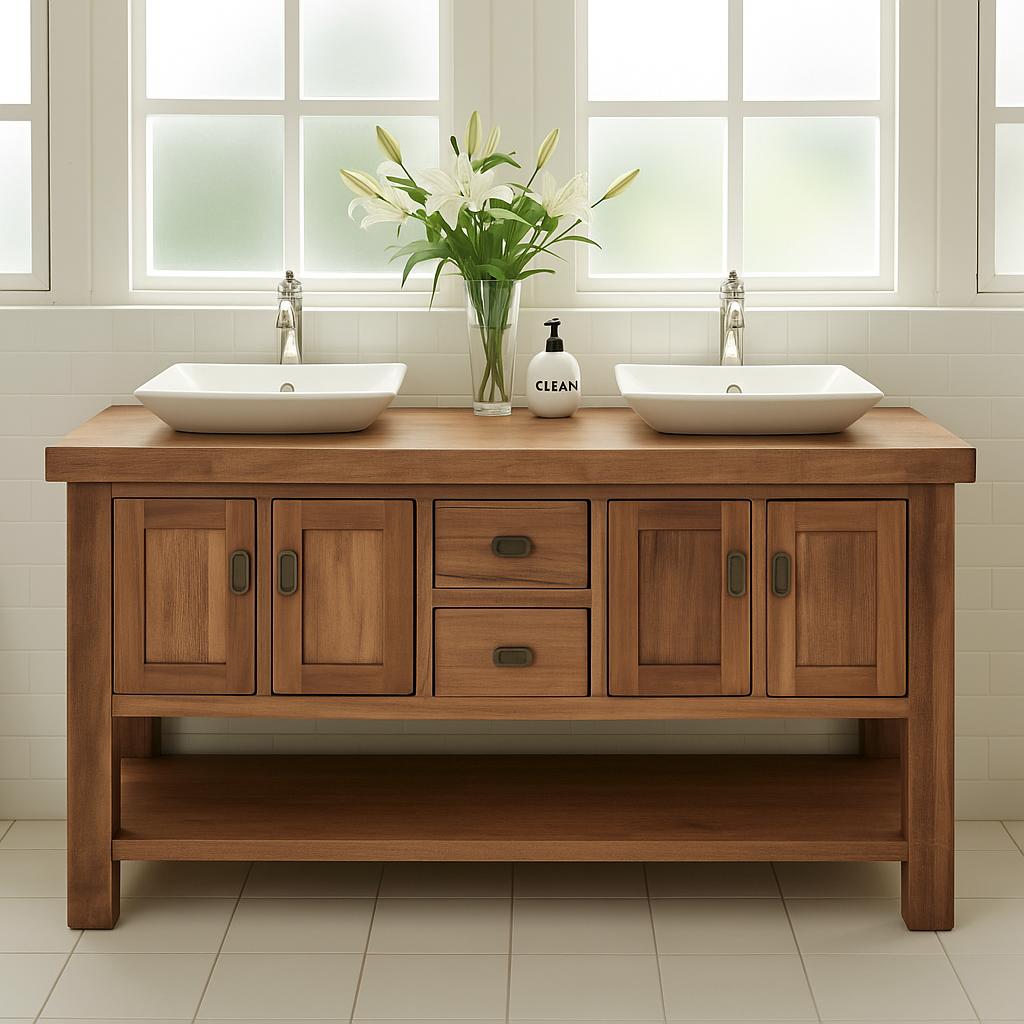 Handcrafted Solid Wood Double Bathroom Vanity – Rustic Base with Center Drawers and Open Shelf