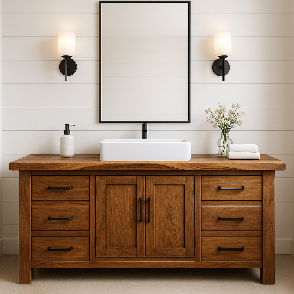 Handcrafted Solid Wood Bathroom Vanity – Rustic Base with Six Drawers and Center Cabinet