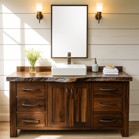 Handcrafted Solid Wood Bathroom Vanity – Live Edge Rustic Base with 6 Drawers and Double Door Cabinet