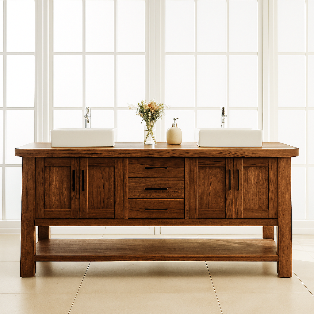 Handcrafted Solid Wood Double Bathroom Vanity – Modern Rustic Base with Center Drawers and Open Shelf