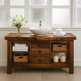 Handcrafted Solid Walnut Bathroom Vanity – Rustic Base with Open Shelves and Center Drawers