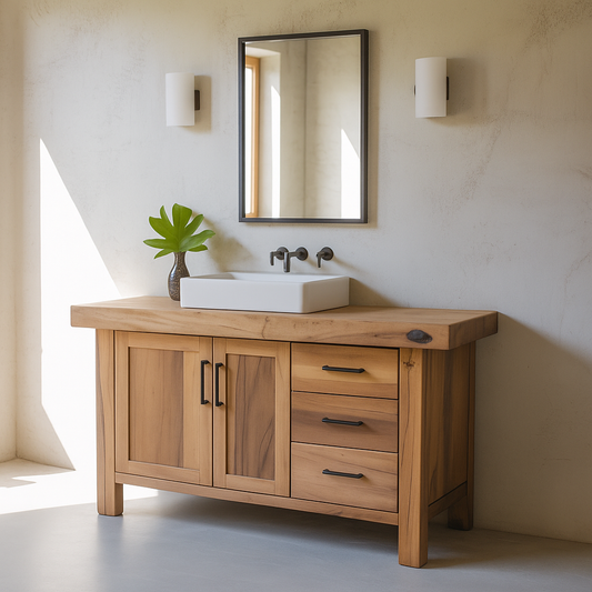 Handcrafted Solid Wood Bathroom Vanity – Rustic Modern Base with 3 Drawers and Cabinet Doors